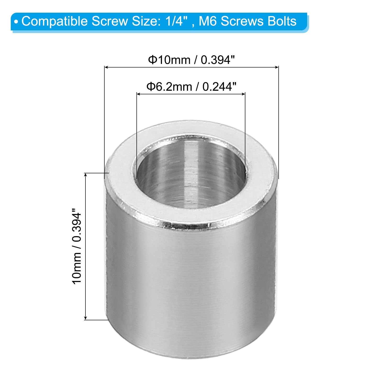 TA-VIGOR 20Pcs M6 Aluminum Spacer, 6.2mm ID x 10mm OD x 10mm Length Metal Round Standoff Bushing Plain Finish Spacer for Mechanical and DIY Projects for M6 Screws Bolts and Rods - Image 2