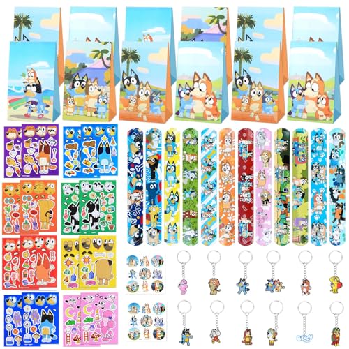 Conjunto de presentes de aniversário para crianças, azul, 70 unidades, presentes para festas, lembranças, brinquedos favoritos, pulseiras de shot, insígnias, sacos de presente, autocolantes para