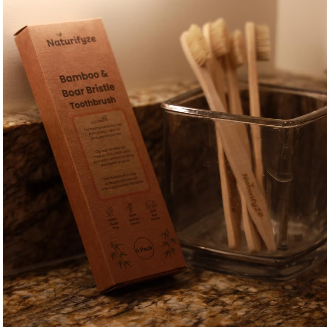 Cepillo de dientes de cerdas de jabalí y bambú (paquete de 4) - Cerdas auténticas de jabalí - Biodegradable - Sin plástico - Cerdas de bambú y jabalí