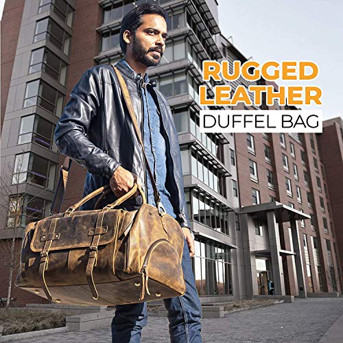KomalC 24 Inch Leather Duffel Bags for Men and Women Full Grain Leather Travel Overnight Weekend Leather Bags Sports Gym Duffel for Men (Brown Tan with shoe pocket)