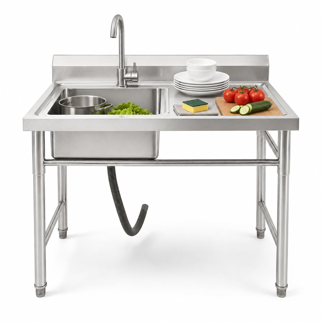Fregadero de acero inoxidable independiente, fregadero con grifo, superficie de almacenamiento y colador de desagüe, fregadero gastro 1 cuenco, fregadero exterior para cocina, jardín, garaje