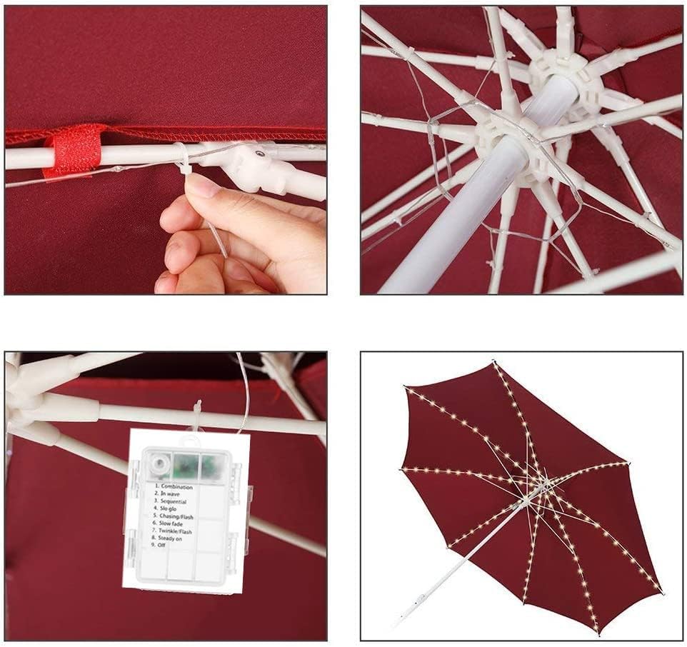 Miniatura 9 de Tira de luces para sombrilla de patio, impermeable, 104 LED, control remoto, 8 modos, funciona con pilas, decoración colgante, luces de poste para