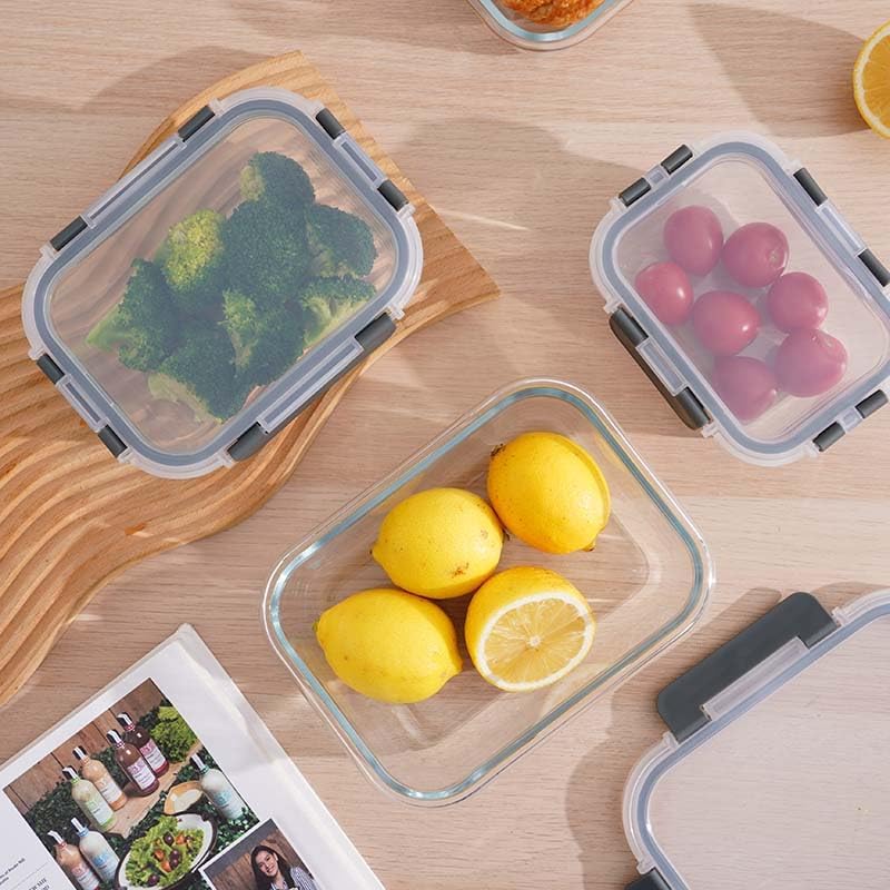 3 sealed glass lunch boxes with lids, glass food storage containers, sealed glass lunch boxes that can be placed in microwave ovens, refrigerators, and dishwashers, gray