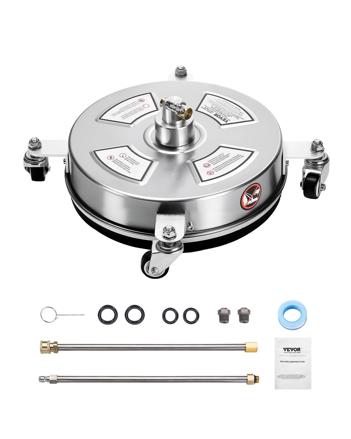 VEVOR Idropulitrice per Superfici in Acciaio Inossidabile con 4 Ruote, 275,8 Bar Max, Connettore Rapido da 1/4, 2 Ugelli a Spruzzo, 2 Lance Estese, per Cemento, Patio, Marciapiede 355,6 mm