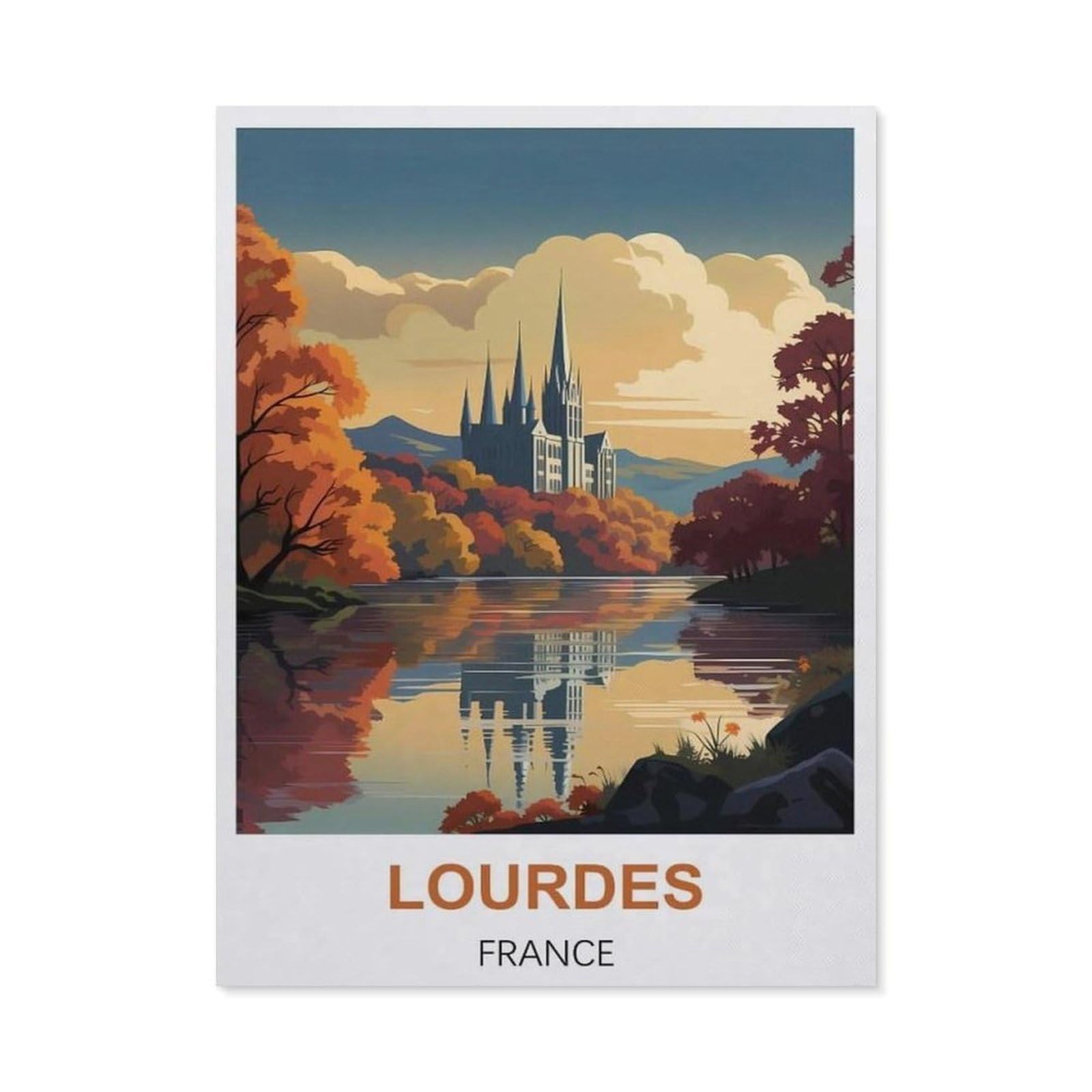 BEAYODKP 5D DIY Diamond Painting，Lourdes France Vintage Travel Posters，Art Living Room Wall Decoration Gift（50 x 60 cm/19.68 x 23.62 inches）-BZ93