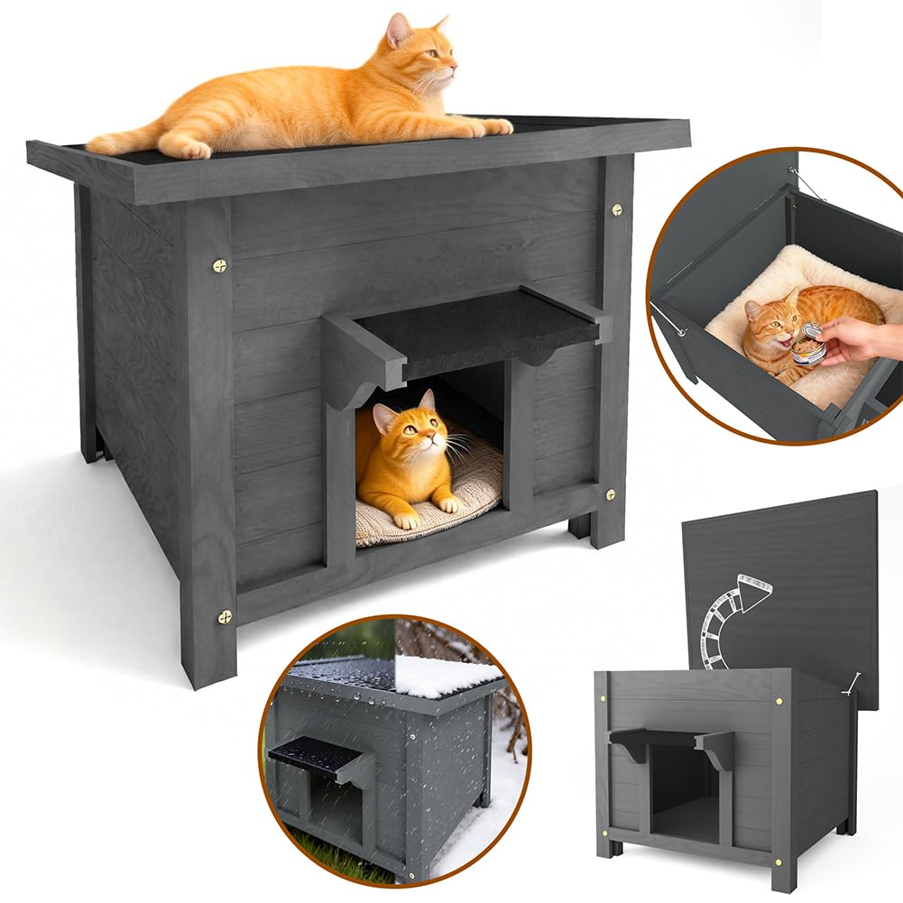BAKAJI Cuccia per Animali Domestici Grigia in Legno, Casetta per Cani e Gatti con Tetto Apribile, Casa, Esterno Interno Resistente Intemperie e Agli Agenti Atmosferici, Tettoia Asfaltata, 60x58x47cm