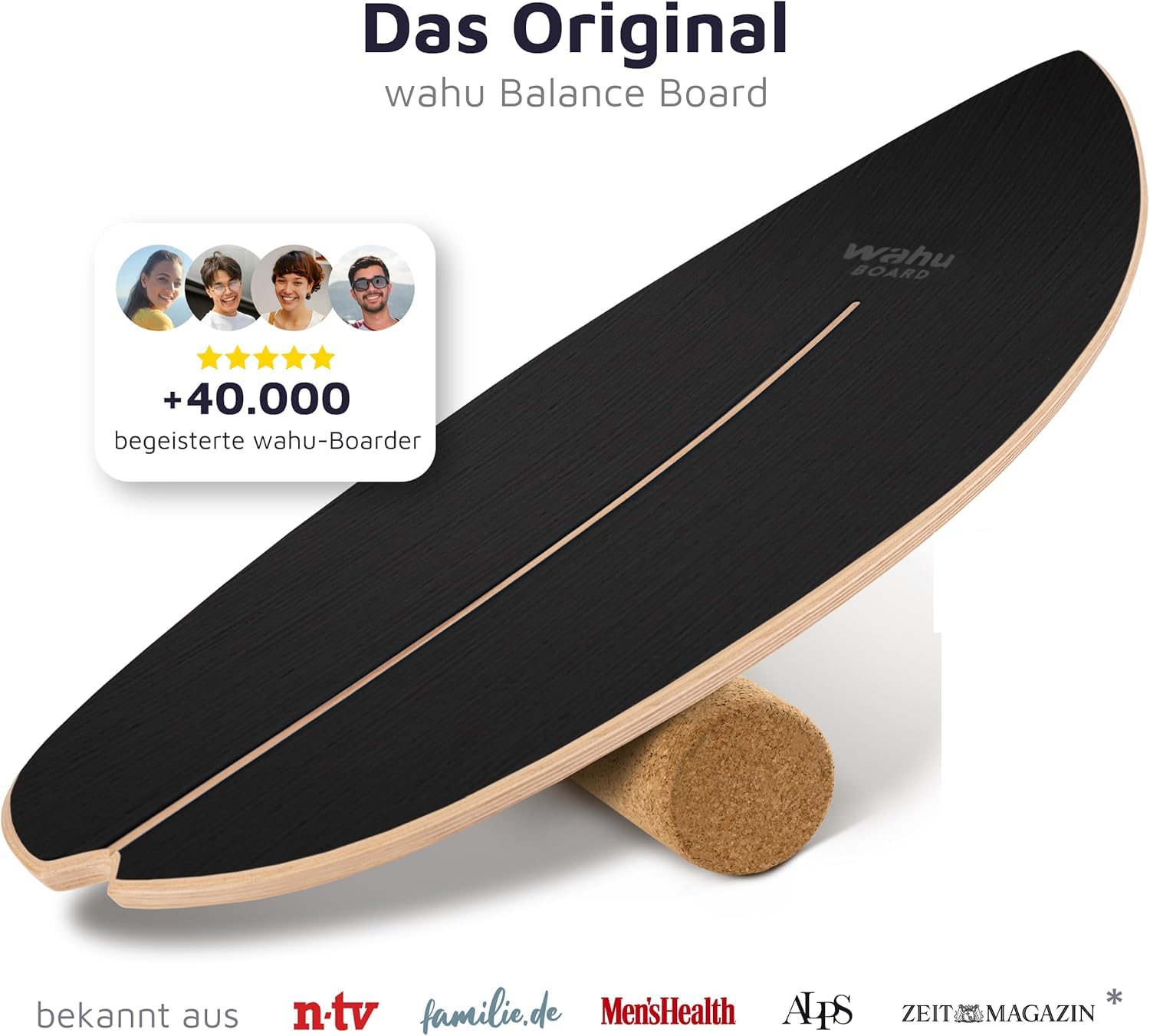 WAHU Balance Board Black Schwarz | 3in1 Set | Surf Balance Board aus 100% Holz mit Rocker Shape & Rolle | Gleichgewichtstrainer für Kinder & Erwachsene | Fitness & Spaß Zuhause
