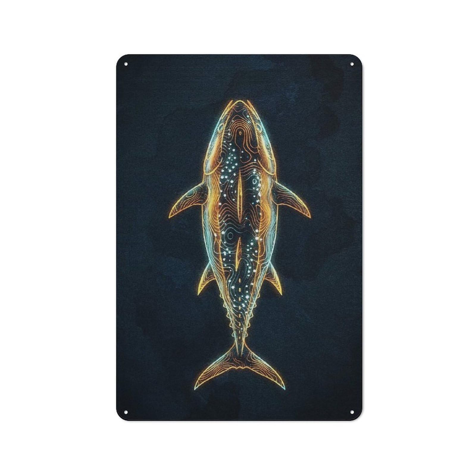 Junmoney Style-21 Abstract Fish Art On Dark Background Retro-Style Tin Sign 30X20cm For Guest Room Or Hallway, A Christmas Gift For People Styling Guest Room And Hallway