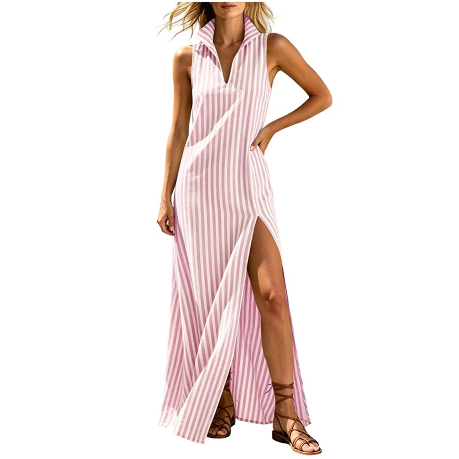 Generico Elegante Maxi Abito Classico a Righe in Misto Cotone e Lino con Collo alla Coreana; Maxi Abito da Spiaggia a Righe con Collo a Revers, dalla vestibilità Rilassata e disinvolta.