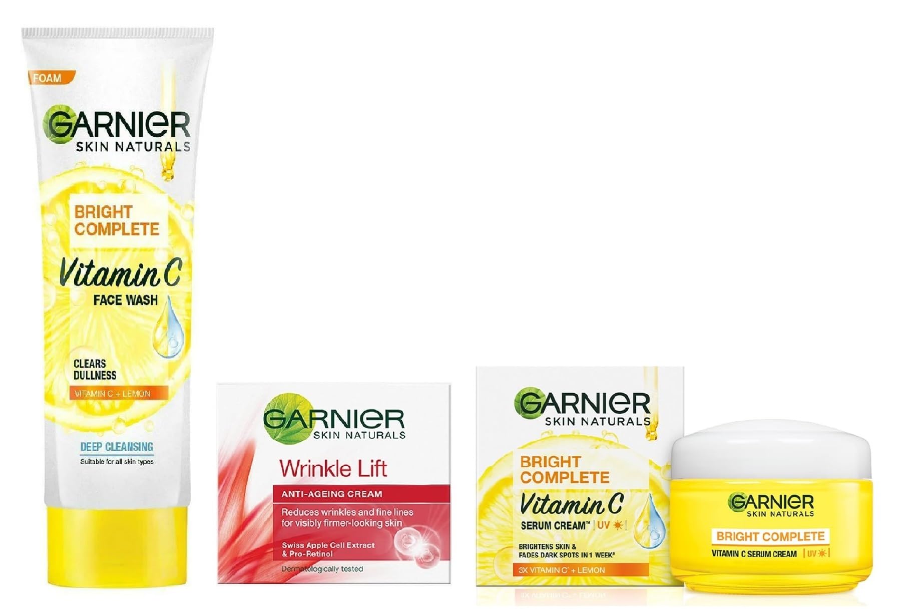 Garnier Skin Naturals, Anti-Ageing Cream, Moisturizing, Wrinkle Lift, 18g + Garnier Bright Complete Vitamin C UV Serum Cream 23g + Garnier Bright Complete Vitamin C Foam Face Wash 100g (3 ITEM IN SET)