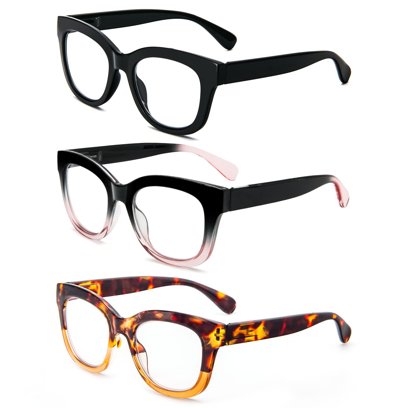 KoKoBin 3-Pack Oversized Reading Glasses For Women Blue Light Blocking Readers with Spring Hinge Ladies Computer Readers (Black、Black Pink、Tortoiseshell Tea - Image 2