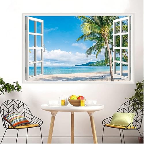 Miniatura 3 de Calcomanías de pared falsas para ventana de verano, playa, paisaje marino, palmera, cielo azul y nubes blancas, paisaje natural, mural de pared de