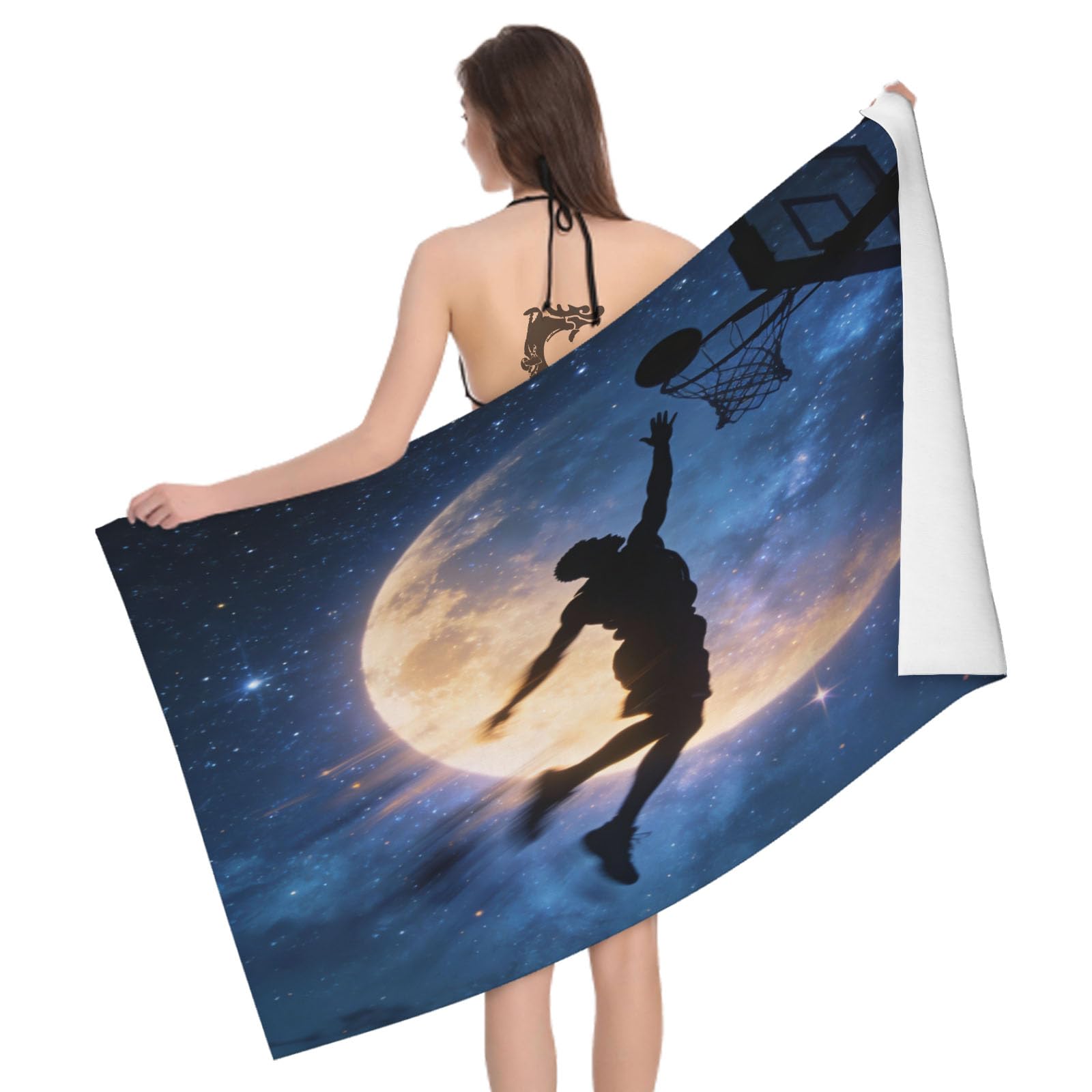 Leichong 3D Basketball Beach Towel Microfiber Soft Quick Dry for Adults, Moon Bath Towel Lightweight Soft Absorbent for Travel Swimming Pool Sports, 75 x 150 cm