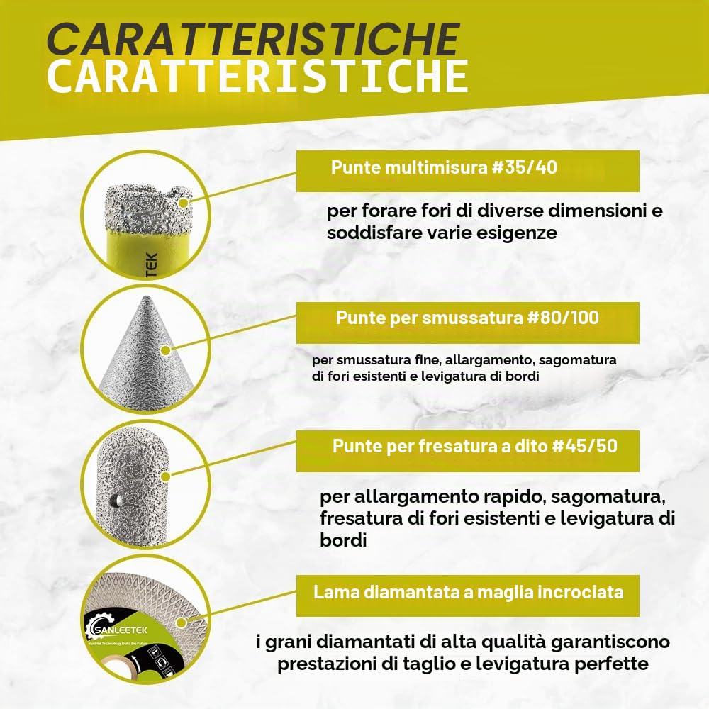 Punte per Trapano Diamantate - 11pezzi(6/8/10/20/25/35/50/68+10mmFresa Diamantata+50mmPunta Smusso+ 115mmDisco+Adattatore)per Piastrelle di Ceramica Porcellana Marmo Granito M14 Filettatura