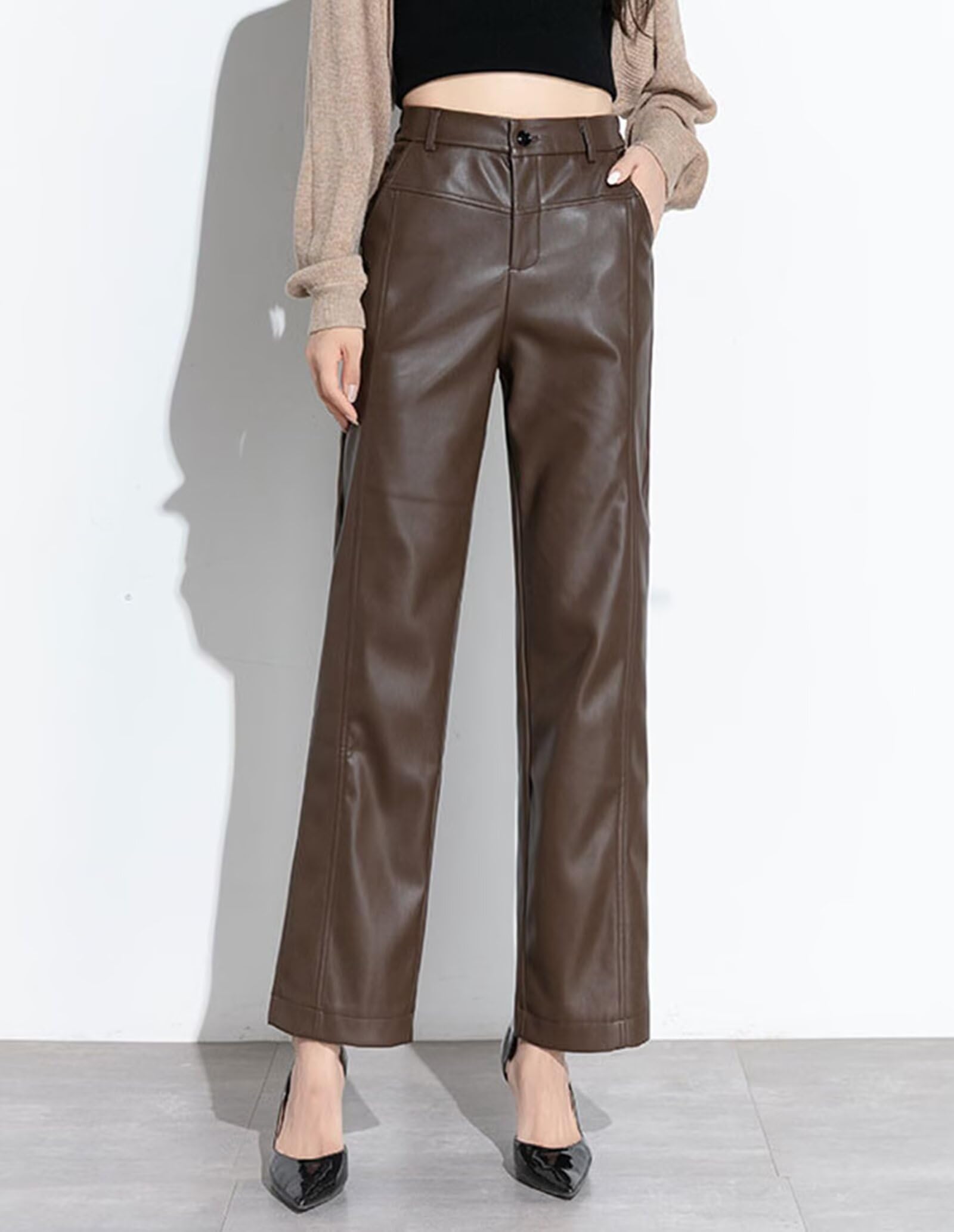 HNVAVQ Pantalón Mujer Cuero Cintura Alta Pantalón Pierna Recta Elegante Oficina