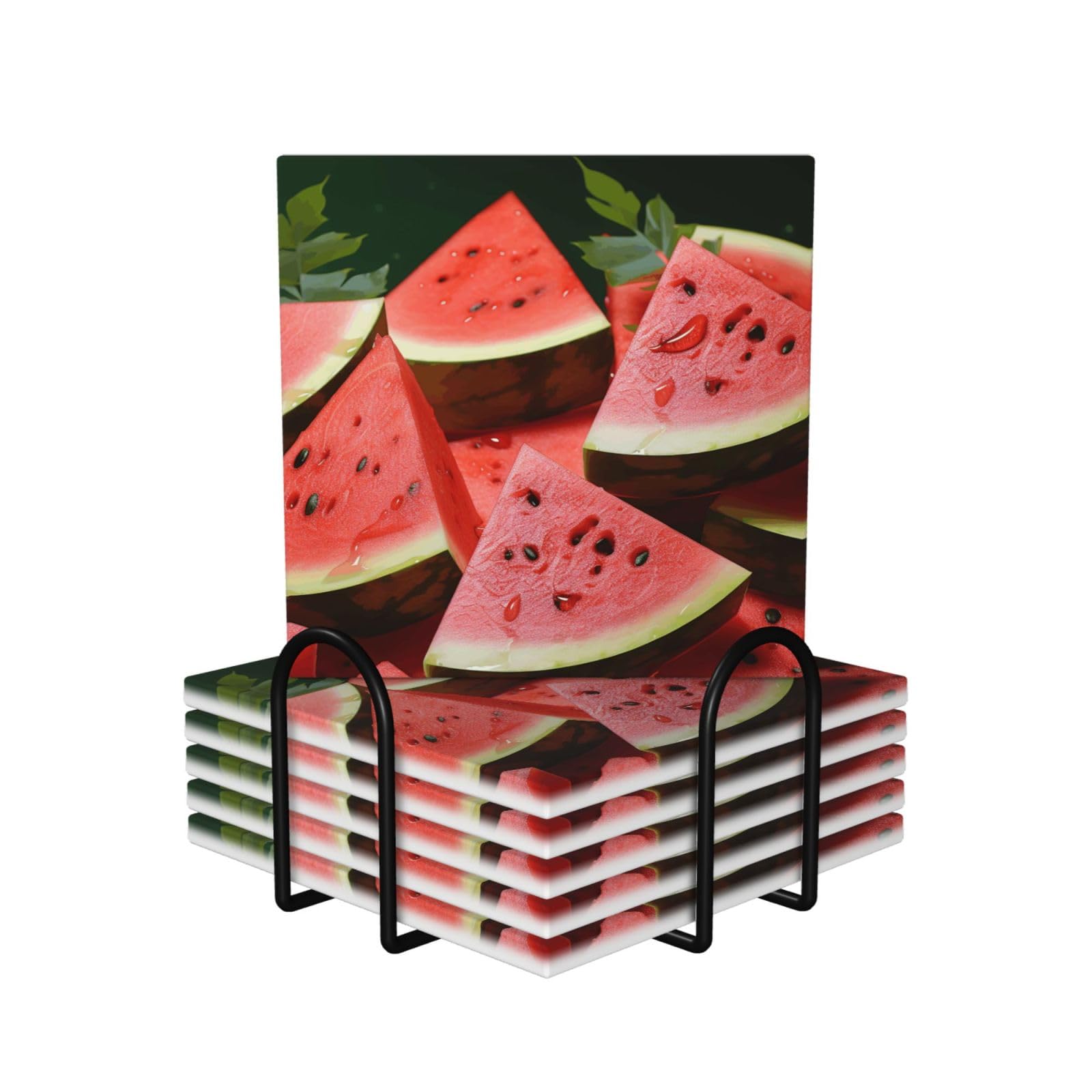 6Pcs Ceramics Coaster for Drinks, Ripe Watermelon Slice Seeds Cup Coasters with Holder, Aesthetic Drink Coasters for Coffee Table, Absorbent Round Coaster for Tabletop Protection 4" Cup Mat Pad