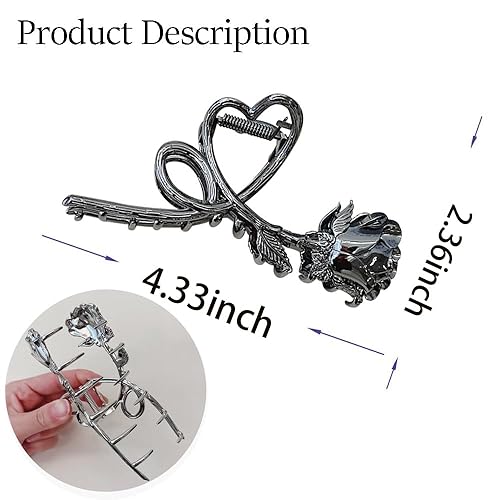 Miniatura 3 de Pinzas para el cabello con diseño de flores, clips de metal gunmetal negro con rosas, clips grandes en forma de corazón antideslizantes para el