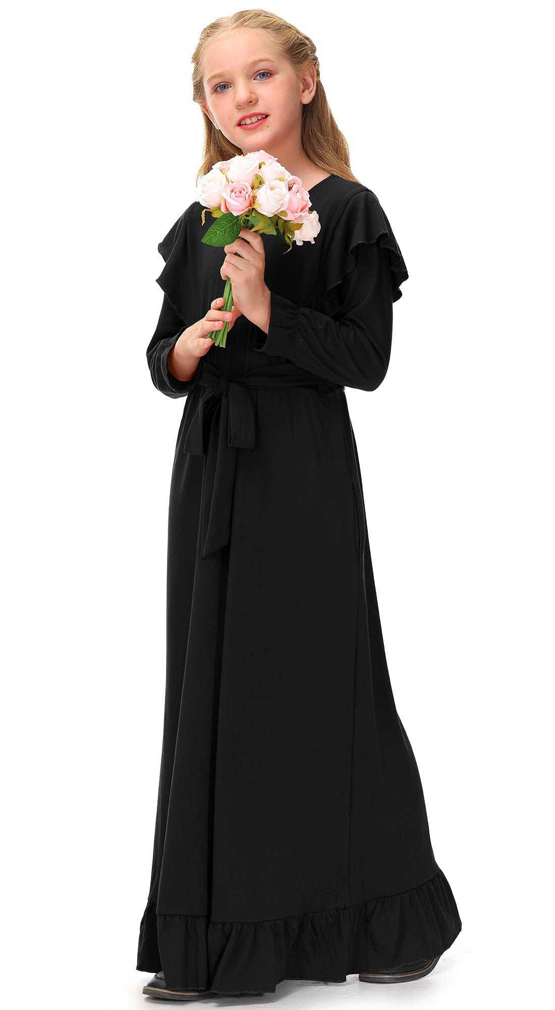 BesserBay Abito da ragazza invernale a collo alto, maniche a sbuffo, in maglia, 120-160, caramello, 120 cm