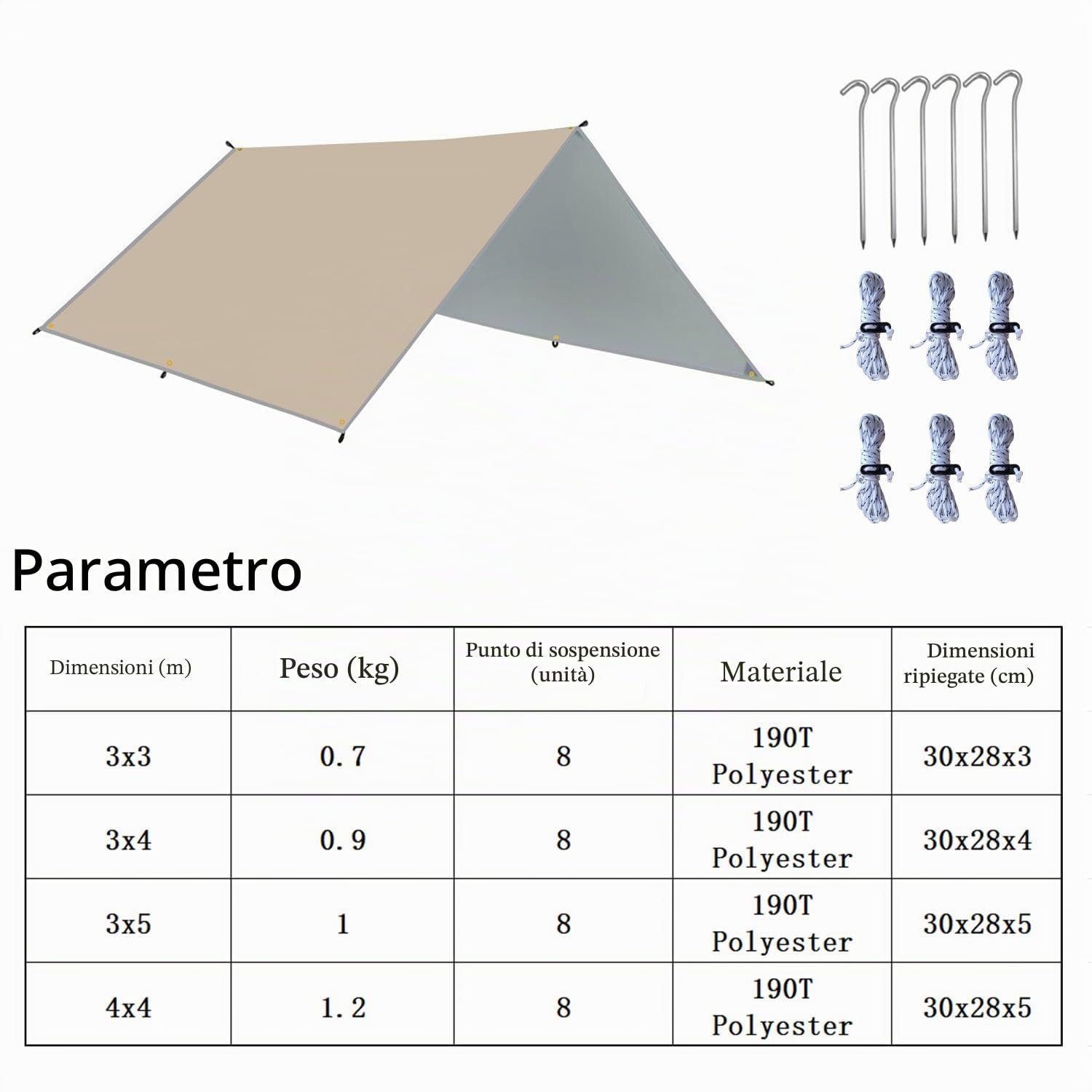 Ultralight Tarp Campeggio Impermeabile 3X3 3X4 3X5M Tendalino Spiaggia Parasole Multifunzionale Telo Frontale Tendalino Camper Telone con Occhielli (kaki, 3x5m)