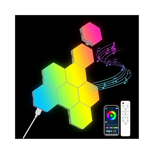 OJQ 8 Pack Hexagon Lights Wall RGB Panel - Hexagonal Led Lights Room Decor Wall Lights Smart APP Music with Sync Honeycomb Shape Panels Hexagon Gaming Night Lights for Bedroom Children - Multicolor