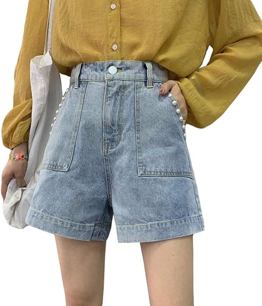 Amazon Gergeousショートパンツ レディース 韓国 デニム 短パン パール付き ファッション ショーパン ハイウェスト おしゃれ ホットパンツ 可愛い 美脚 夏 ショートパンツ 通販
