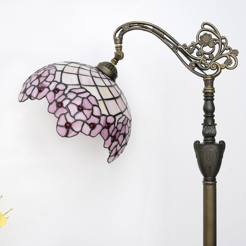 Fiunkes Tiffany Style Pink Rose Cherry Blossom Arched Floor Lamp, Vintage Pastoral Pink Stained Glass Red Beads Shade Gooseneck Adjustable Sofa Corner Standing Reading Light for Bedroom Living Room