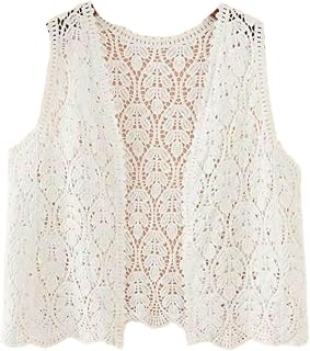 Chaleco de punto para mujer con bordado, sin mangas, frente abierto, cárdigan de verano, color blanco, talla única, Blanco, Talla única