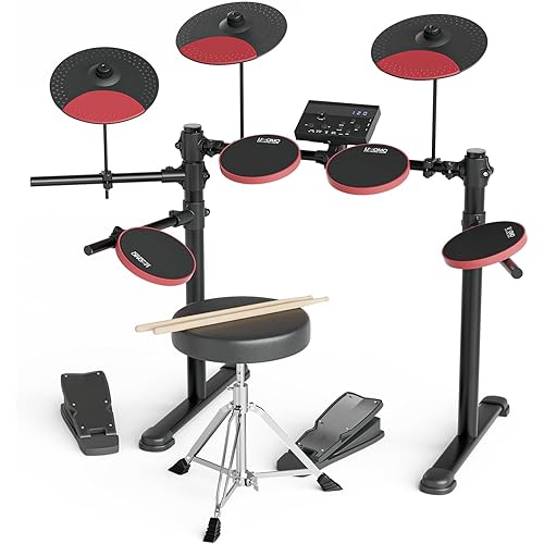UMOMO Electric Drum Set, Electronic Drum Set With 10" Cymbals, 2 Pedals, Drum Stool, 150 Sounds, Sticks, Headphones, Stable Steel Frame, USB MIDI, 15 Drum Kits, for Beginner, Kids, Red
