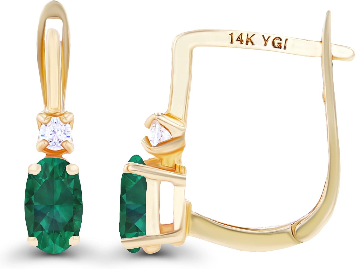 Solid 14K Gold 11x5mm Oval Natural Birthstone Huggie Earrings For Women | 5x3mm Oval Cut Birthstone | 2mm Created White Sapphire Huggie Hoop Earrings For Women