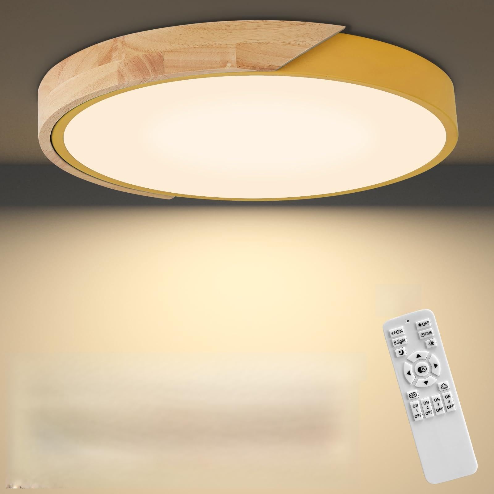 HTsilphelene Wooden Ceiling Light,Wood Flush Ceiling Lights with Acrylic Lampshade,Dimmable Light Fitting Ceiling for Living Room Bedroom Kitchen Lounge Hallway (Yellow,30CM)