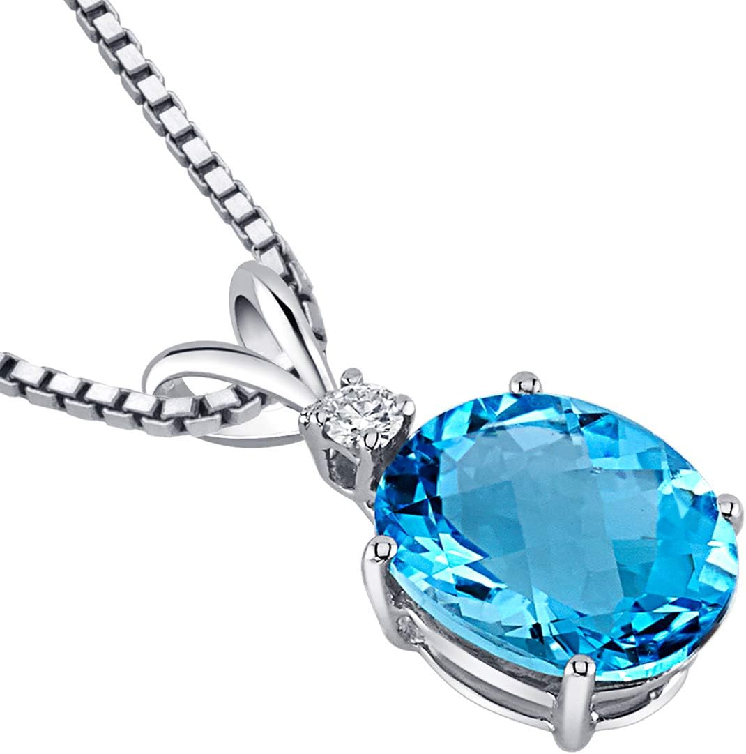 PEORA 14K White Gold Swiss Blue Topaz and Diamond Pendant for Women, Genuine Gemstone Solitaire, 3 Carats total Oval Shape 10x8mm, Blue Gemstone Necklace, December Birthstone Gold Necklace