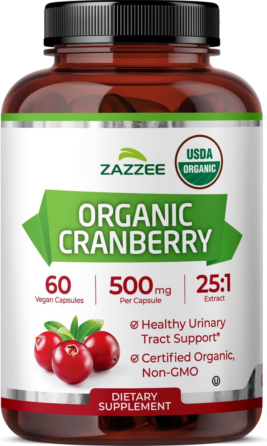 Zazzee USDA Organic Cranberry 25:1 Extract, 500 mg per Capsule, 60 Vegan Capsules, 2 Month Supply, Certified Kosher, Standardized, Concentrated 25X Extract, 100% Vegetarian, Non-GMO, Made in The USA