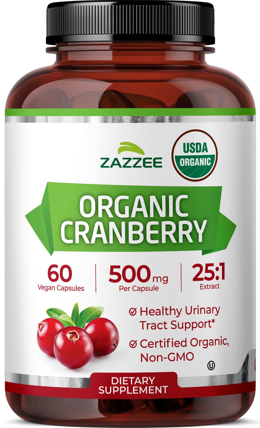 Zazzee USDA Organic Cranberry 25:1 Extract, 500 mg per Capsule, 60 Capsules 60 Count (Pack of 1)