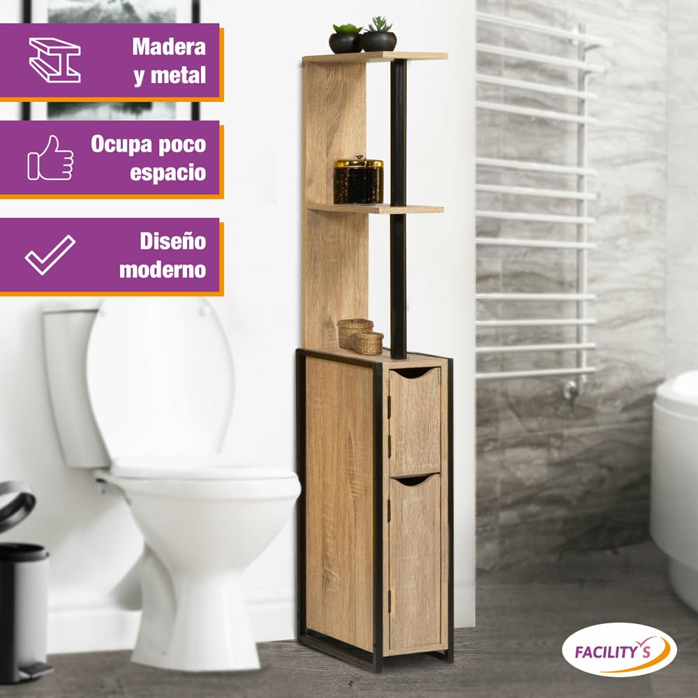 FACILITYS Mueble WC Efecto Madera y Metal Tipo Industrial, para Baño, Negro