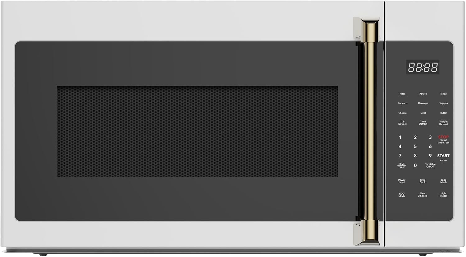 Hamilton Beach, 30 Inch Over the Range Microwave 1.65 Cu Ft Touchscreen, White Microwave with Brushed Gold Handles, 1000W OTR Microwave, 300 CFM Vent Fan, Child Lock