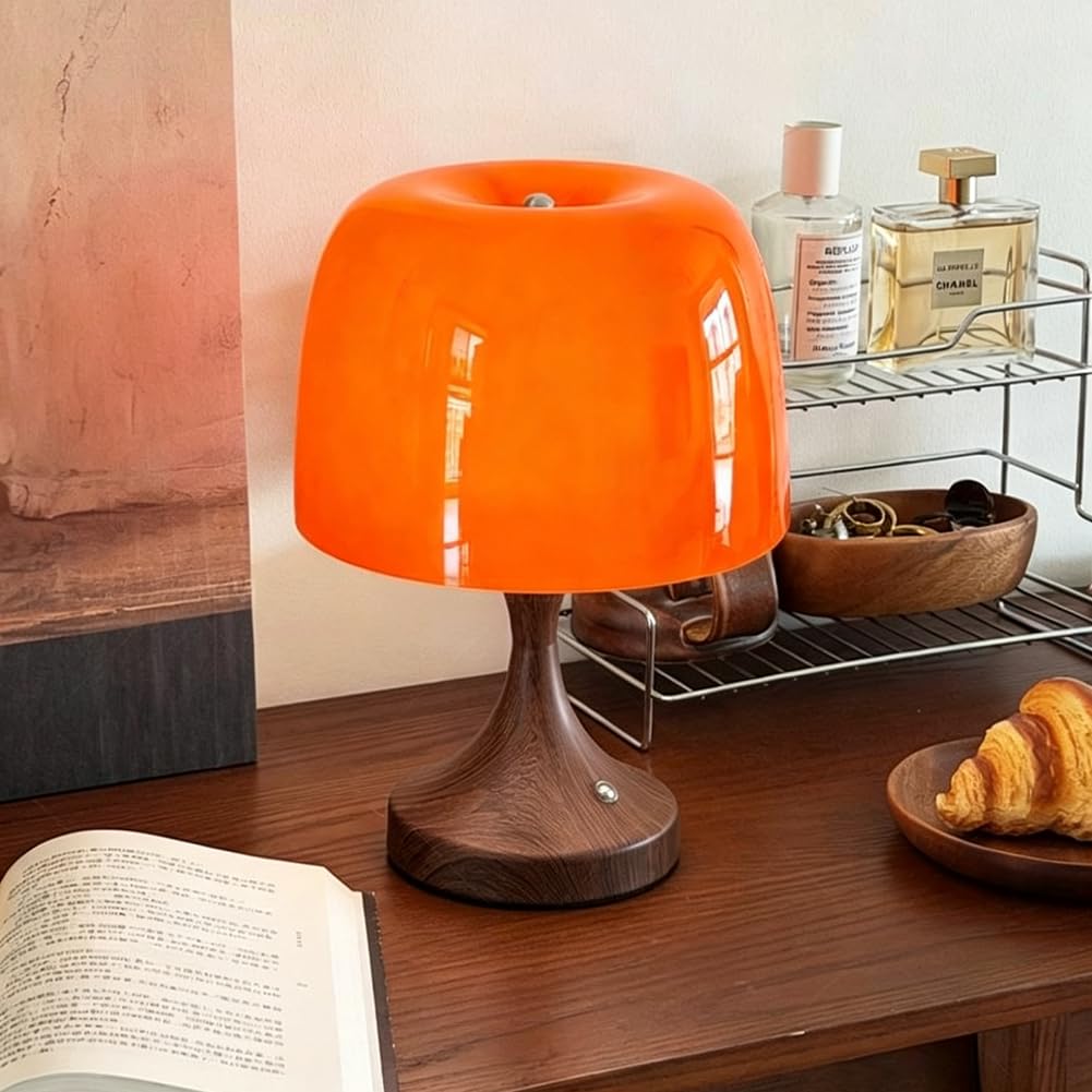 LED Orange Pilzlampe Akku Kabellose Tischlampe Pilz Glas Lampenschirm Batteriebetriebene Pilz Lampe USB Aufladung Innen 3 Helligkeitsstufen Tischleuchte USB Wiederaufladbarem Wohnzimmerlampe