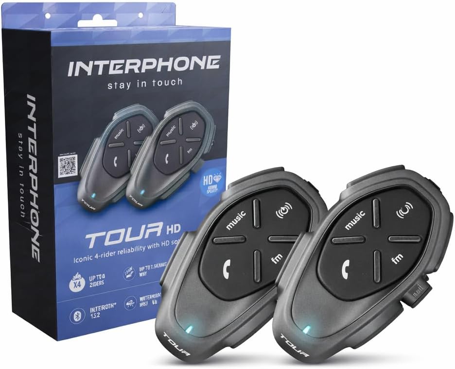INTERPHONE TOUR HD podwójny domofon kask motocyklowy słuchawki stereo o wysokiej wierności 40 mm, 4 rowerzystów, odstęp 1,5 km, zasięg 25 godzin, szybkie ładowanie, TFT, wodoszczelność IPX67