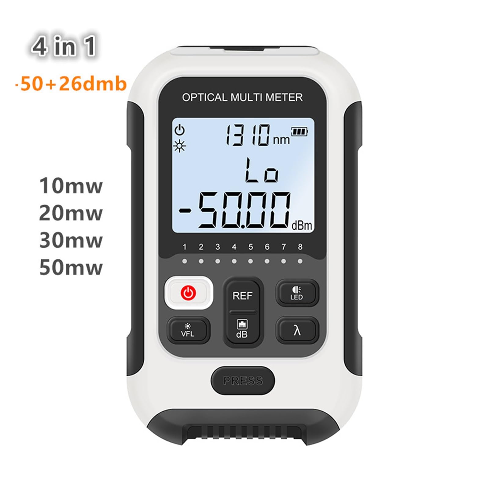 Testeur de fibre optique, Mini compteur de puissance à fibre optique multifonction 4 en 1, -50 + 26dmb 10/20/30/50 Mw localisateur de défaut visuel, test de câble d'outil réseau(10mw)