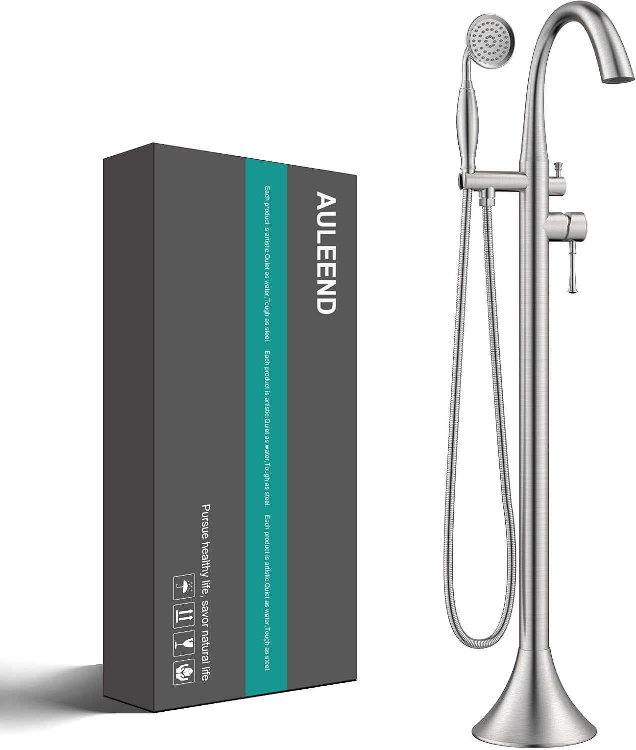 Free Standing Tub Faucet, Floor Mount Bathtub Filler with Hand Shower, 360° Swivel Spout Roman Tub Faucet, Solid Brass Construction (Brushed Nickel)