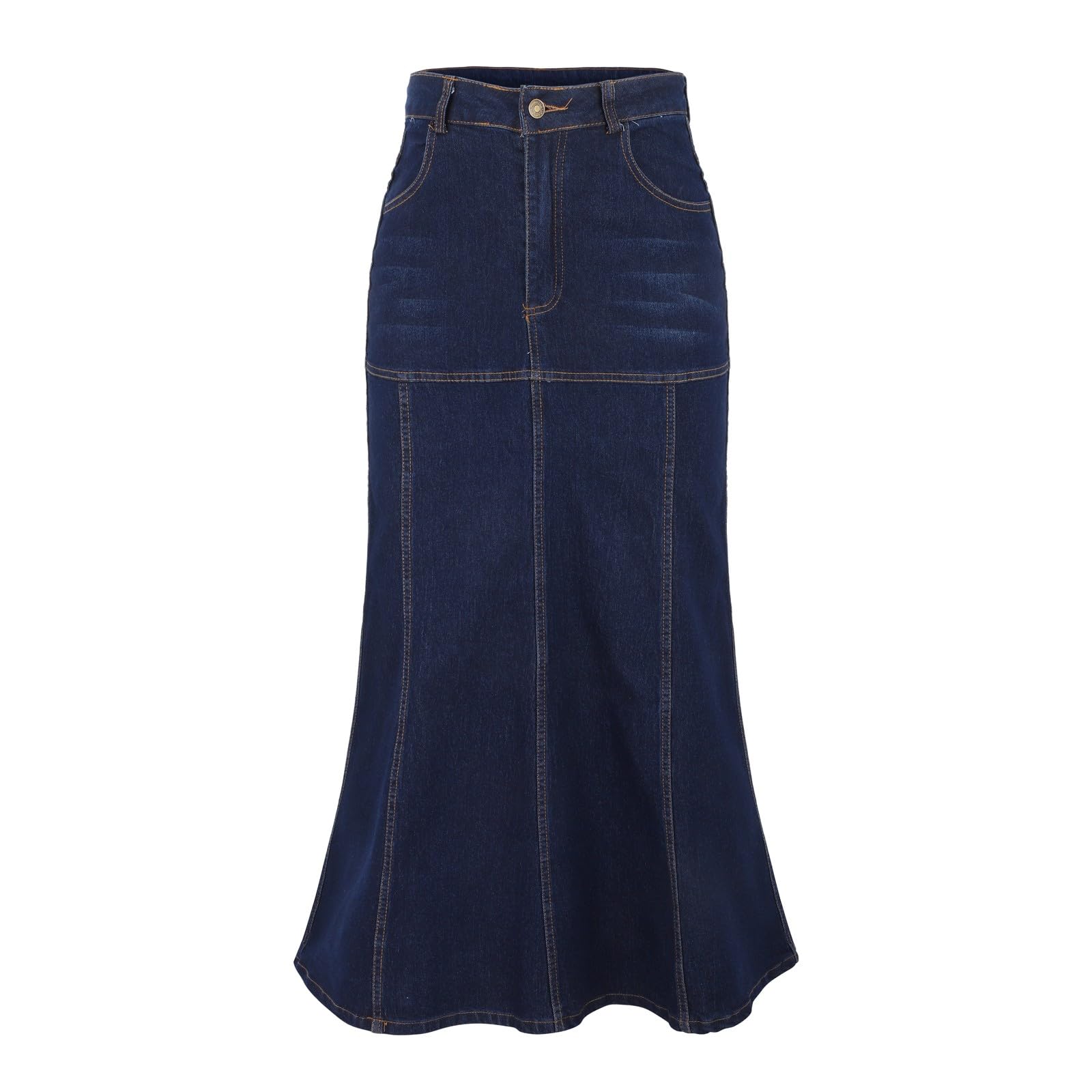 Falda vaquera para mujer hasta la rodilla, falda midi para mujer: elegante falda larga de cintura alta, falda acampanada con bolsillos y tira de botones, falda holgada de verano, falda plisada