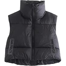 Womens Winter Crop Puffer Vest Lightweight Sleeveless Warm Outerwear Zip Up Stand Collar Padded Gilet Jacket