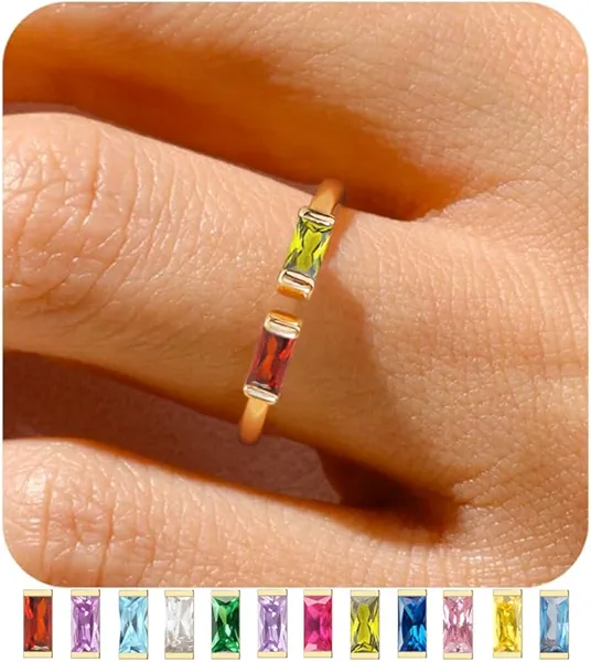 TOBENY Gold Birthstone Rings for Women 14K Gold Plated Adjustable Rings Non Tarnish Gold Stackable Rings Dainty Emerald Green Cubic Zirconia Ring for Mother Daughter Birthday Jewelry Gifts