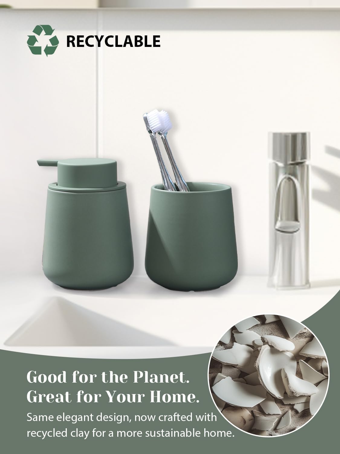 INGOFIN Ceramic Lotion Dispenser - 12oz Refillable Hand Soap Dispenser Bathroom, Modern Liquid Dispenser with Pump, Dish Dispenser for Kitchen, Matte Green - Image 8