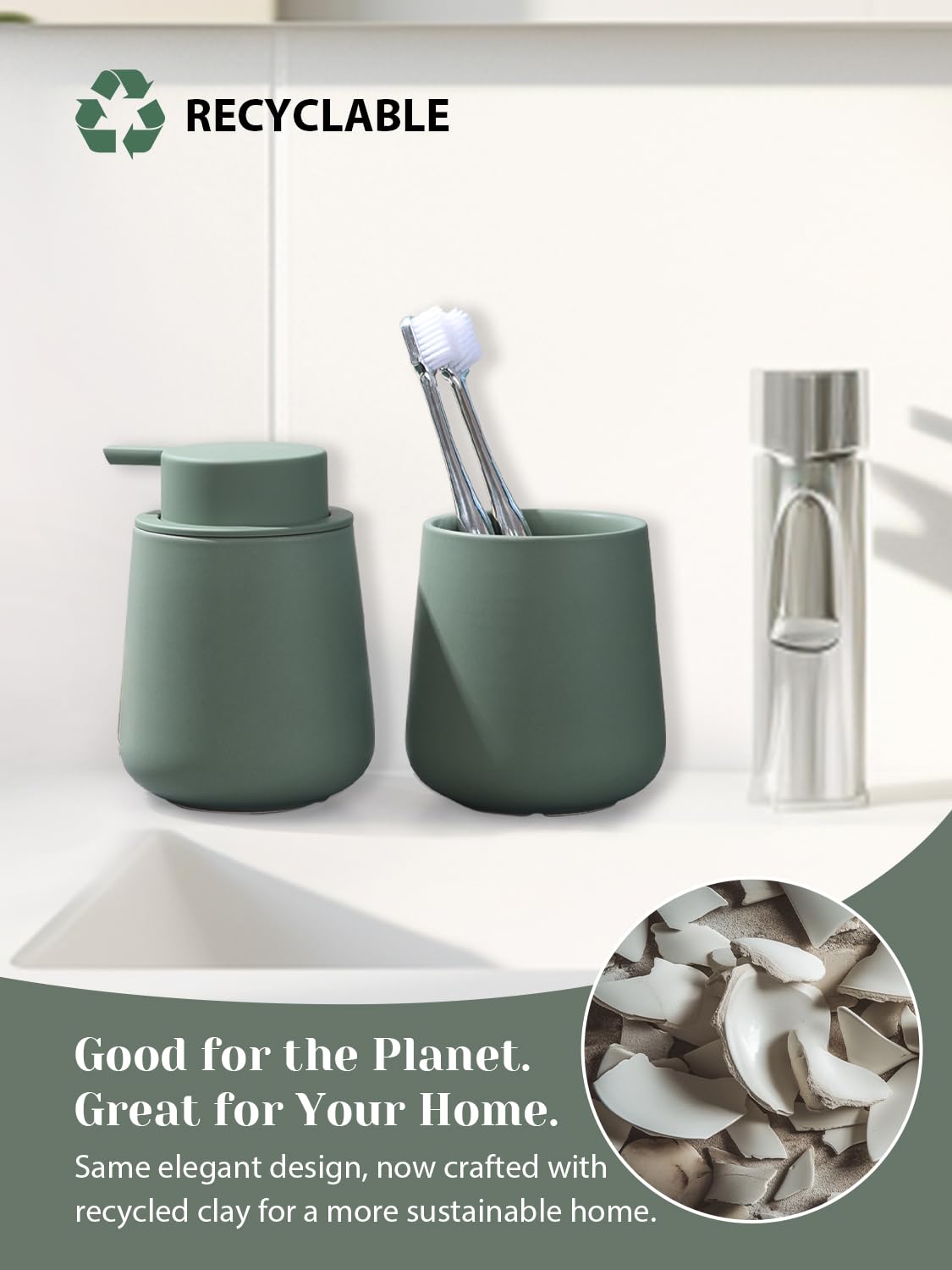 Dispenser di sapone liquido in ceramica per cucina – Dispenser di sapone liquido ricaricabile da 350 ml per bagno, moderno dispenser di sapone liquido con pompa, verde opaco