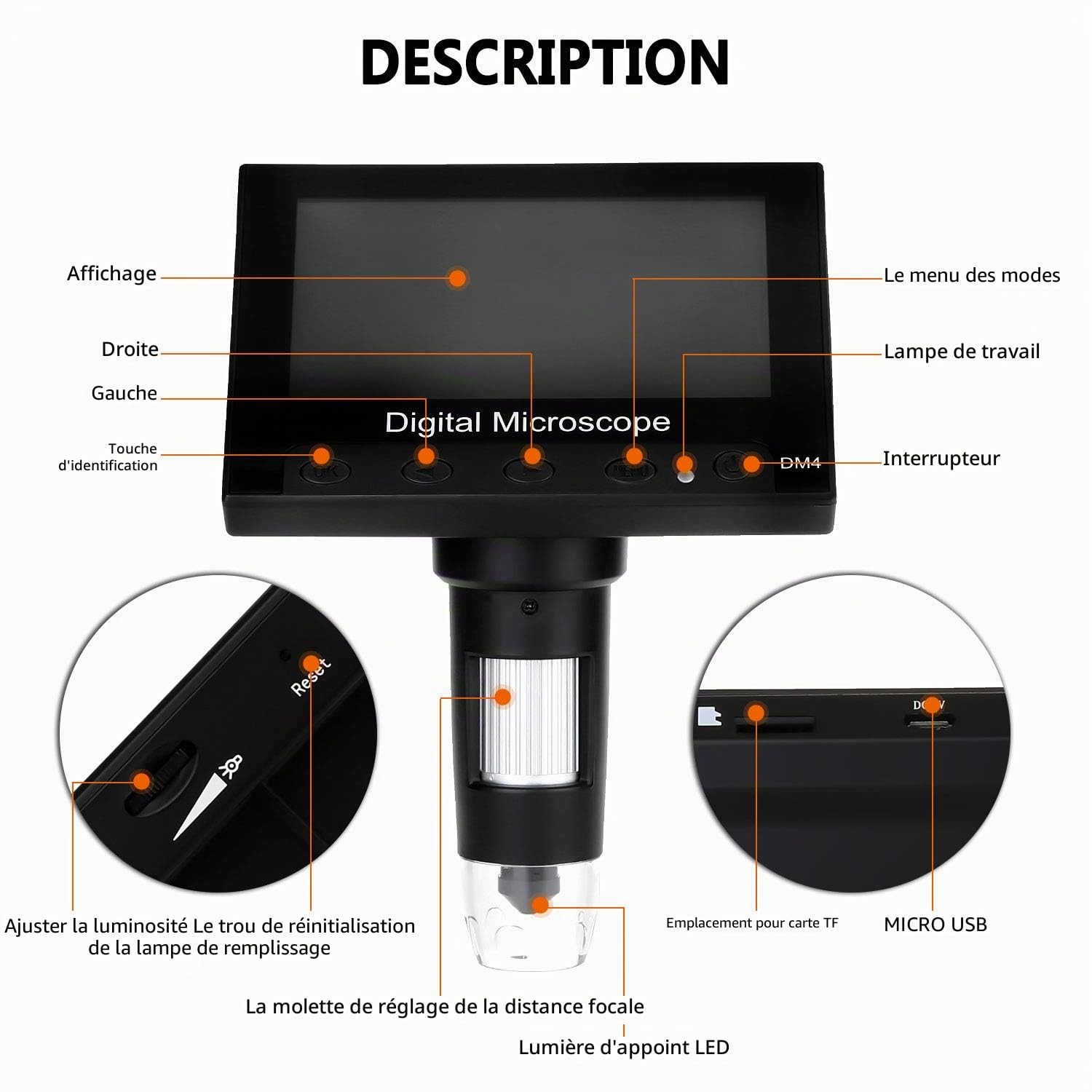 WADEO Microscope Numérique avec Écran LCD 1000 x 10,9 cm - Loupe Vidéo Électronique USB avec 8 Lumières LED Réglables et Rechargeables - Support en Métal pour Enfants et Adultes
