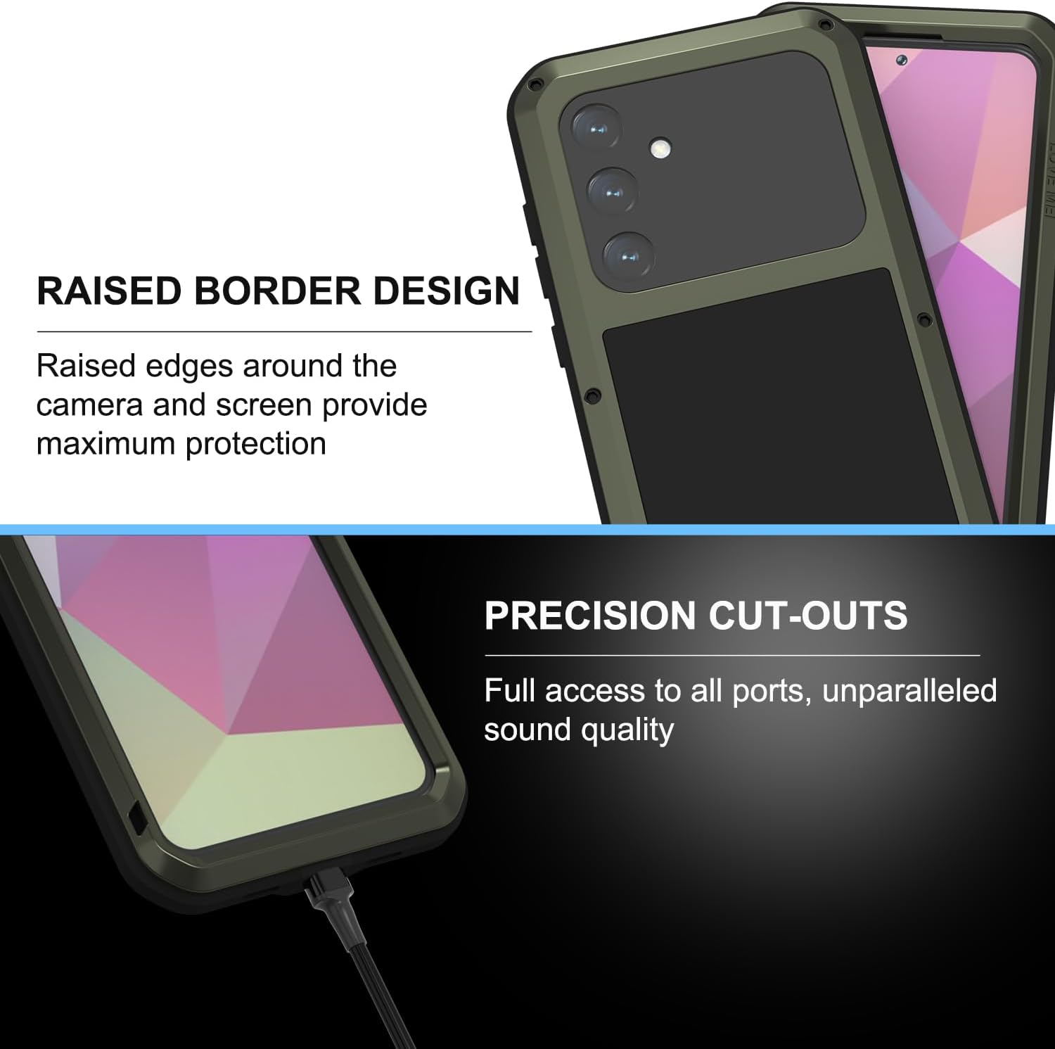 LOVE MEI Military Rugged Case for Samsung Galaxy S24 Plus, with Tempered Glass Screen Protector, Shockproof Dustproof Scratch Proof Hybrid Metal and Silicone Gel Heavy Duty Full Body Cover Green