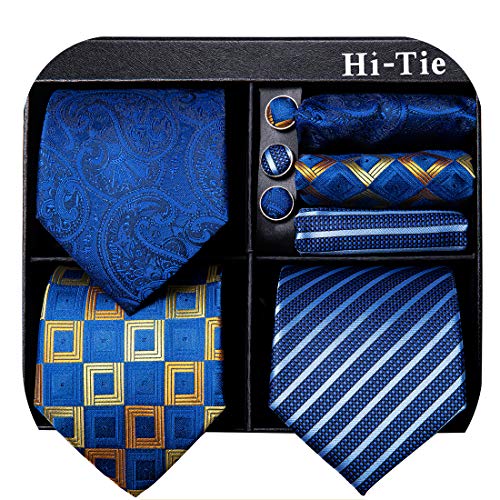 Image of Hi-Tie 3 Pcs Gift Box Mens Tie Set Necktie with Pocket Square Cufflinks Lapel Pin Silk Neck Tie Collection
