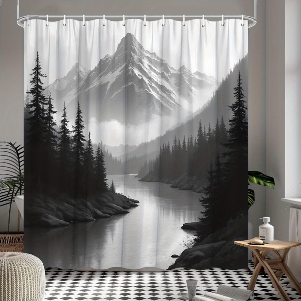 GLWDMB 1 Piece 120x180CM Misty Mountain River Landscape Printed Shower Curtain With Hook, Polyester, for Windows And Walls, Bathtub, Bathroom, Machine Washable, All Season Universal
