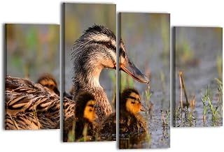 Canvas Wall Art for Bedroom 4 Panels Female Mallard duck baby ducklings Framed Art Prints Wall Decor for Bathroom Ready to Hang Western Home Decor Office Bar