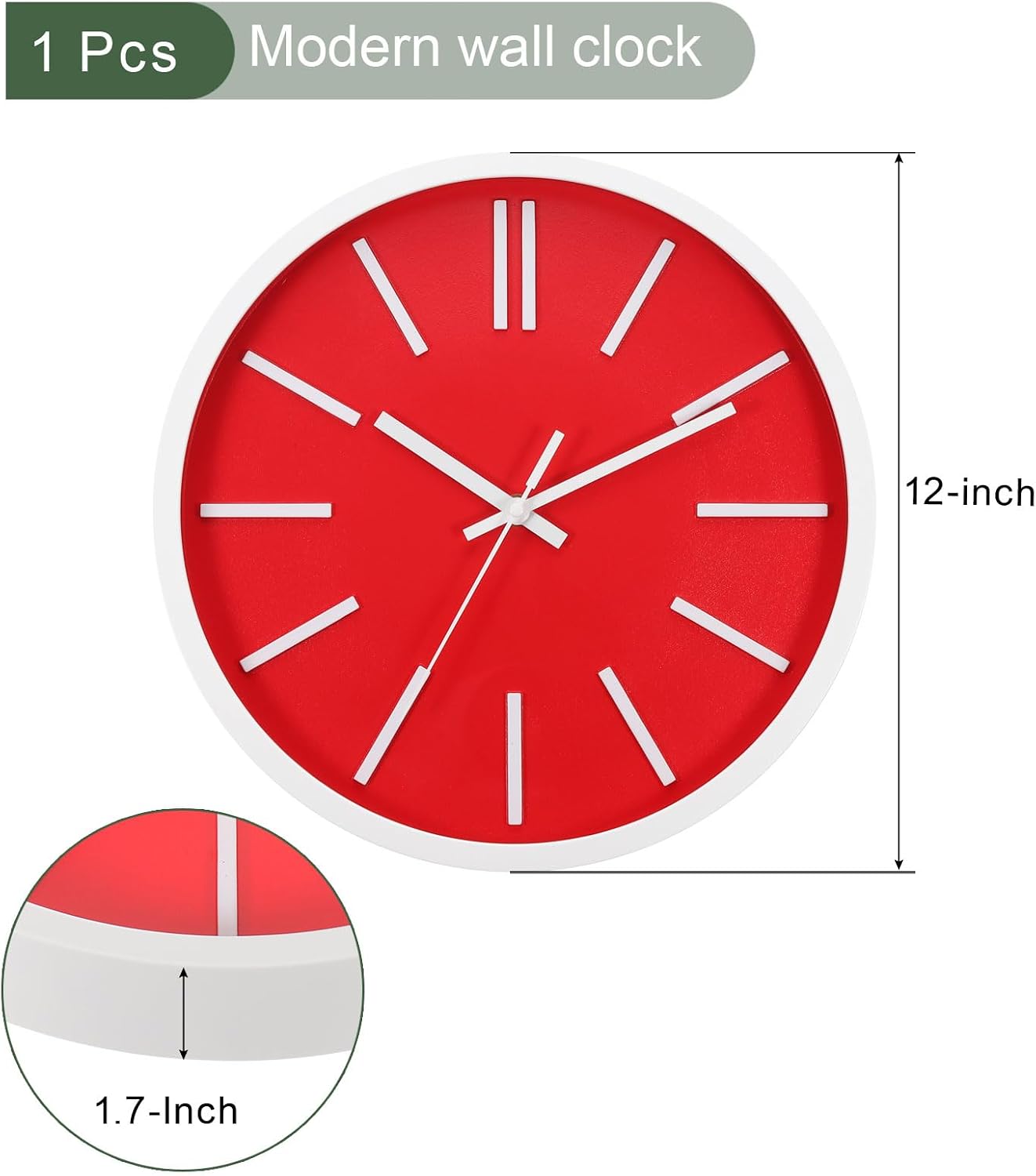 YOKIVE Wall Clocks, Battery Operated Silent Non-Ticking Round 3D Wall Clocks Modern Clock, Great for Office, Bedroom, Living Room, Decoration(White/Red, 12-Inch)